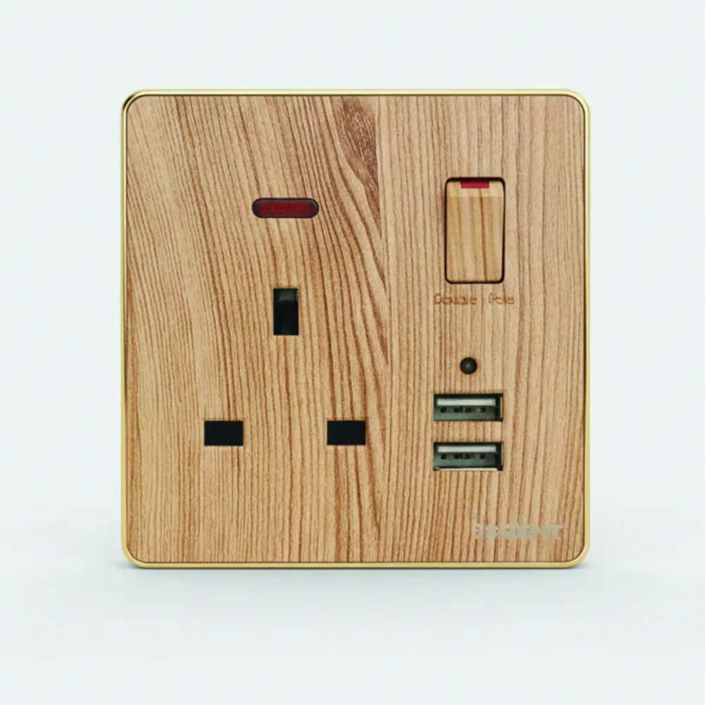 فيش بمفتاح ومنفذَي ⁦USB⁩ بتشطيب خشبي